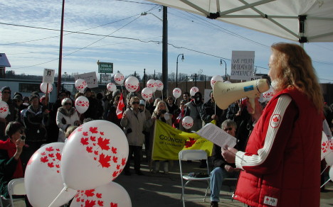 Liberal candidate Kimberley Love delivers an anti-prorogation speech at a rally in front of Conservative MP Larry Miller's office in Owen Sound on Saturday January 23. love_prorogrally