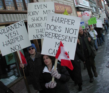Prorogation protesters march through the streets of Owen Sound at the conclusion of a rally on Saturday January 23. prorogmarch