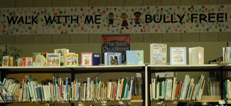 A large anti-bullying banner hangs in the library area of SVE school in Meaford. sve_bully_free450